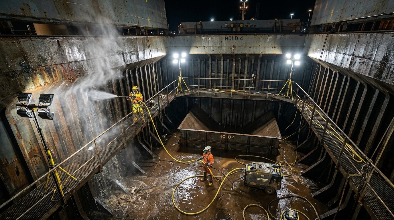Illustration of an industrial washdown and degreasing operation with operators in protective gear