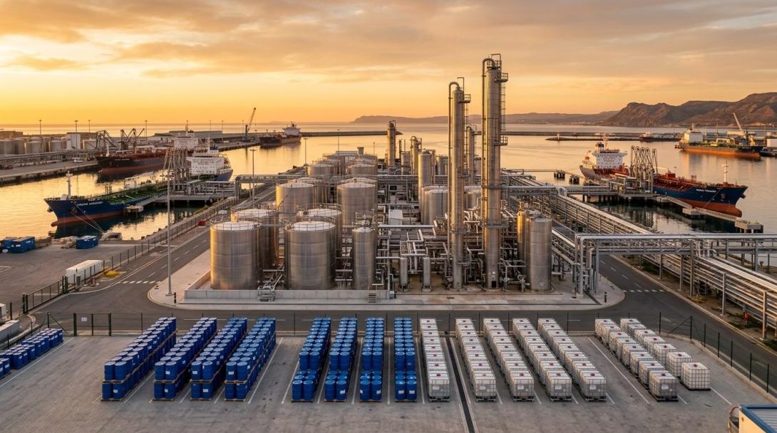 Illustration of a bulk liquid terminal with stainless steel glycol storage tanks and chemical tankers at a port