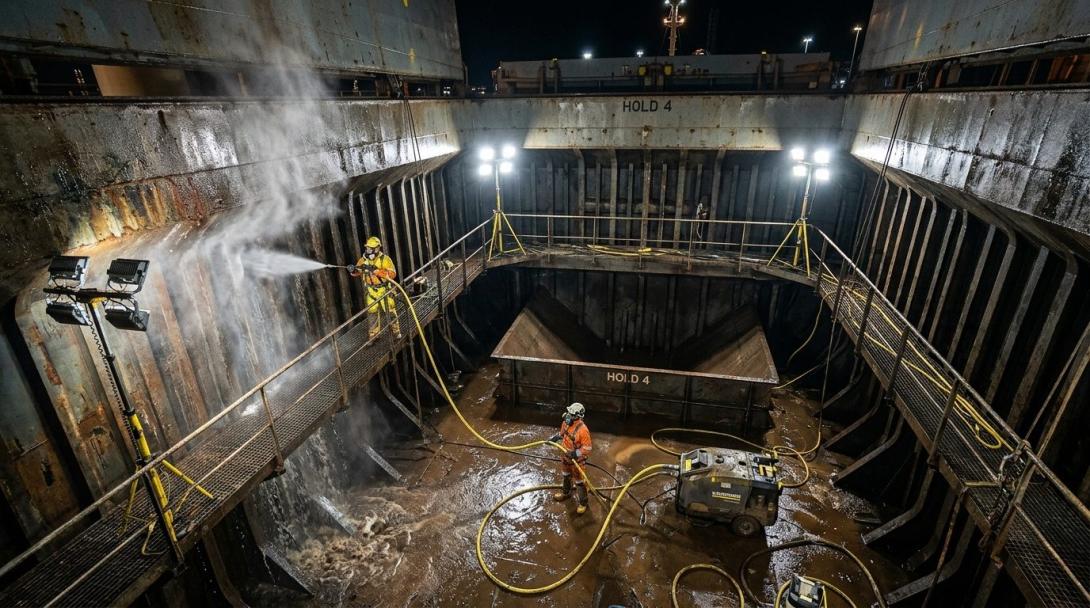Illustration of an industrial washdown and degreasing operation with operators in protective gear
